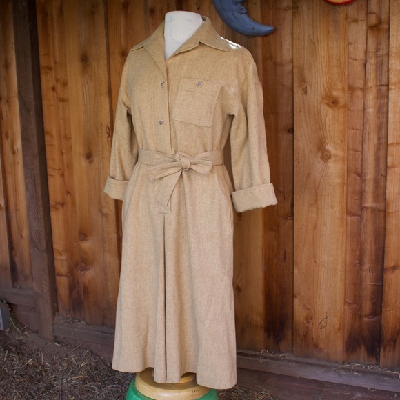 Vintage Handmade 100% Wool Button Down Oatmeal Belted Midi Shirt Dress Size S - Picture 6 of 16